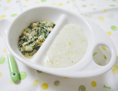 【離乳食中期】しらすとサツマイモのミルクがゆ/野菜とお麩のチーズ煮