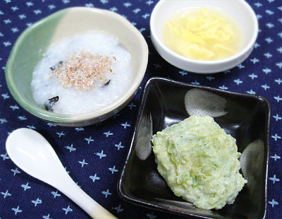 【離乳食中期】のりがゆのしらすトッピング/スイートポテトサラダ/卵スープ