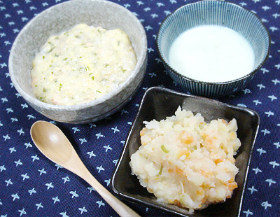 【離乳食中期】鮭とワカメの卵雑炊/里芋の和風ポテト煮/そら豆のポタージュ
