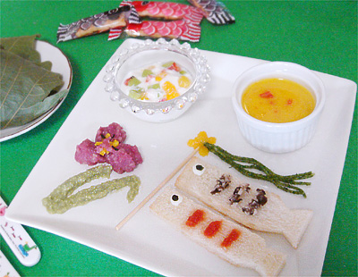 【離乳食後期】鯉のぼりトースト/花菖蒲マッシュと豆のソース/パプリカのカボチャポタージュ/フルーツポンチ