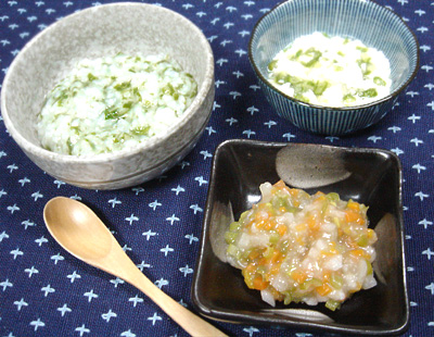 【離乳食後期】ワカメご飯/オクラと豆腐の和え物/里芋の煮物